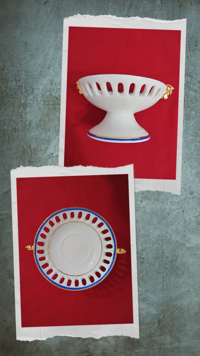 White Porcelain Pedestal Trinket Dish with Blue & Gold Trim thumbnail