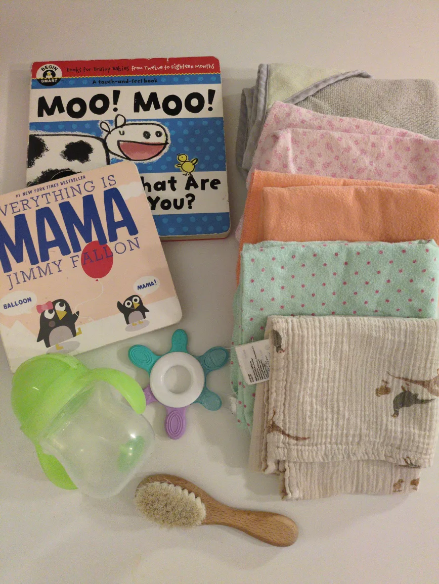 Baby Books, Receiving Cloths, Cup, Towel, Brush & Teether thumbnail