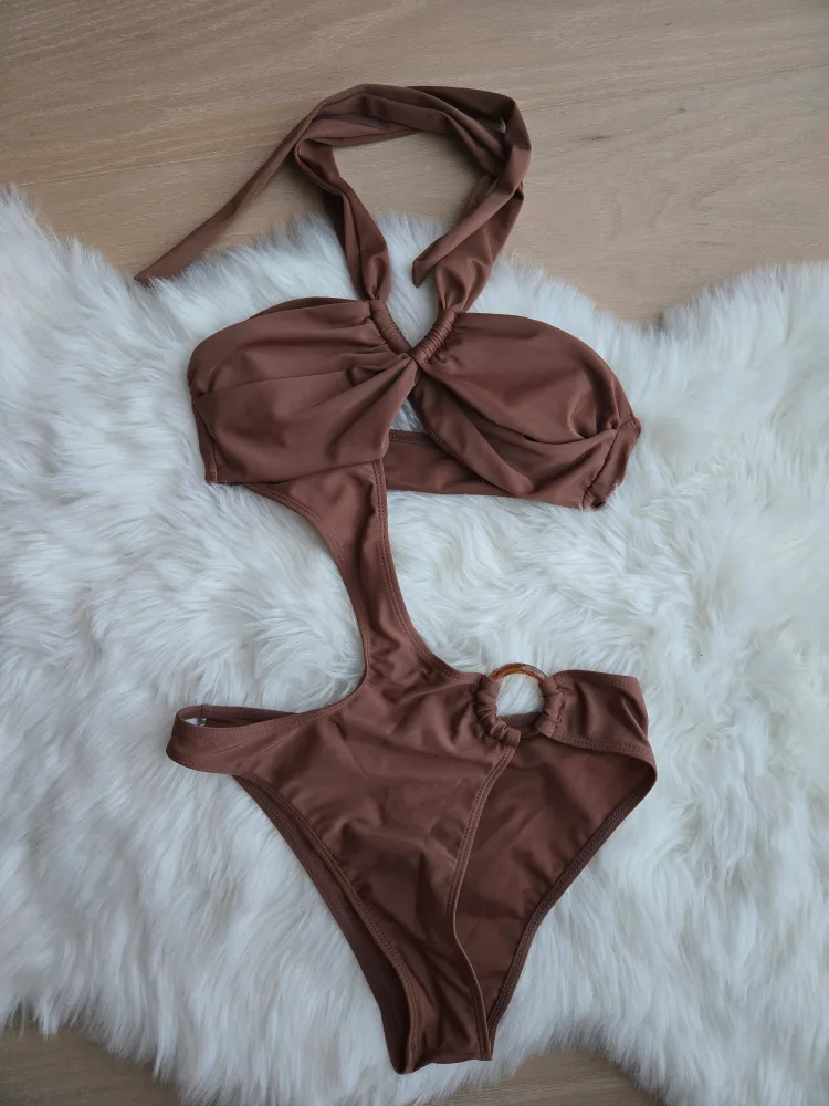 Brown Halter One-Piece Swimsuit with Sarong image indicator(3)