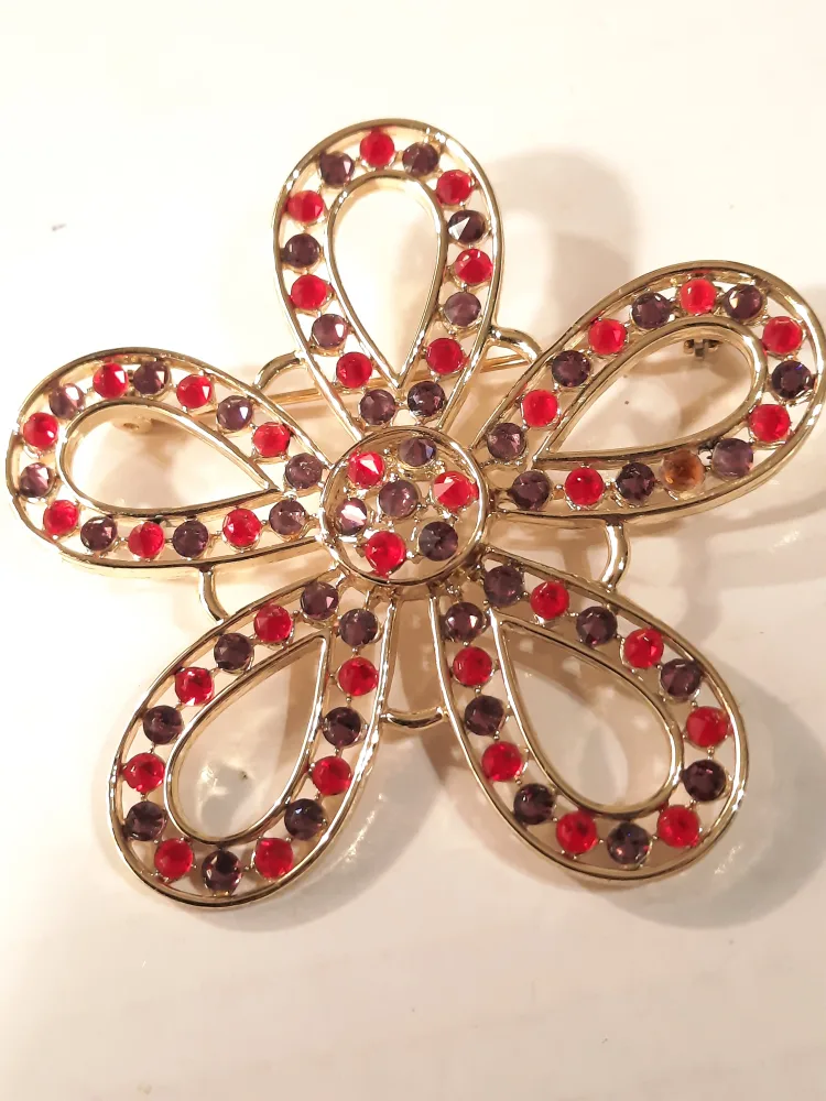 Flower Brooch - Gold Tone with Red & Purple Rhinestones thumbnail