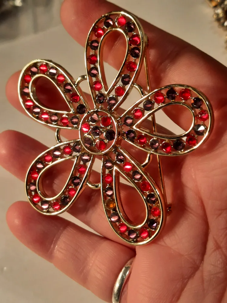 Flower Brooch - Gold Tone with Red & Purple Rhinestones image indicator(2)