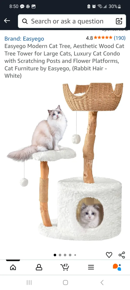 Easygo Modern Cat Tree - Rabbit Hair White brand new thumbnail