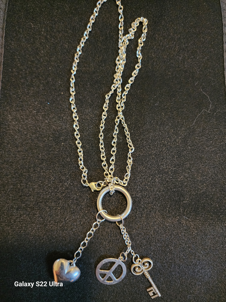 Silver Charm Necklace - Heart, Peace, Key
