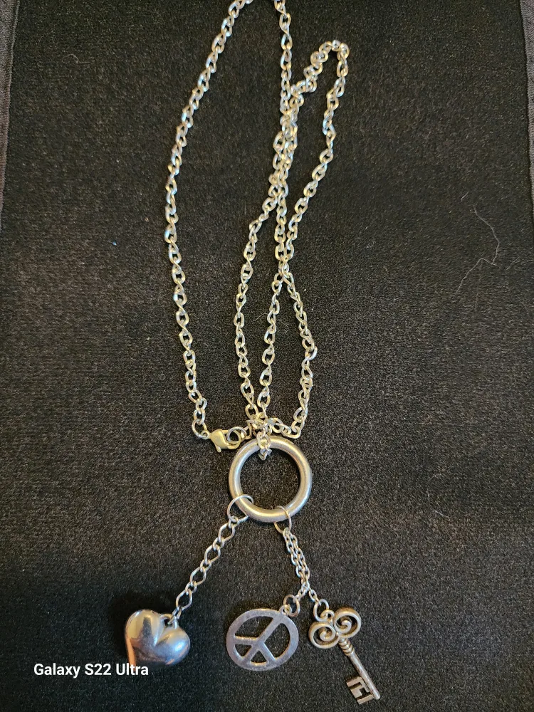 Silver Charm Necklace - Heart, Peace, Key thumbnail