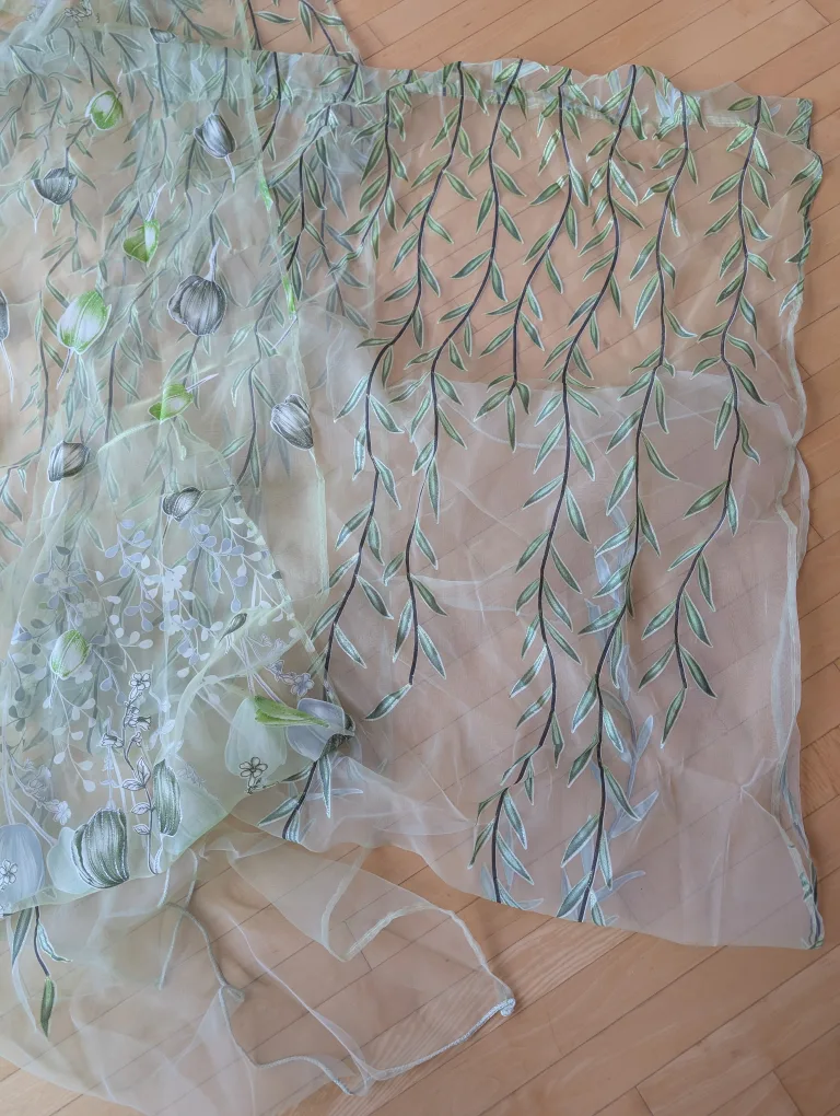 Sheer, green curtain - 2 panels vine, 1 panel flowers image indicator(2)