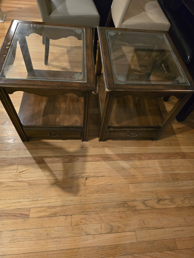 Pair of Wooden End Tables with Glass Top