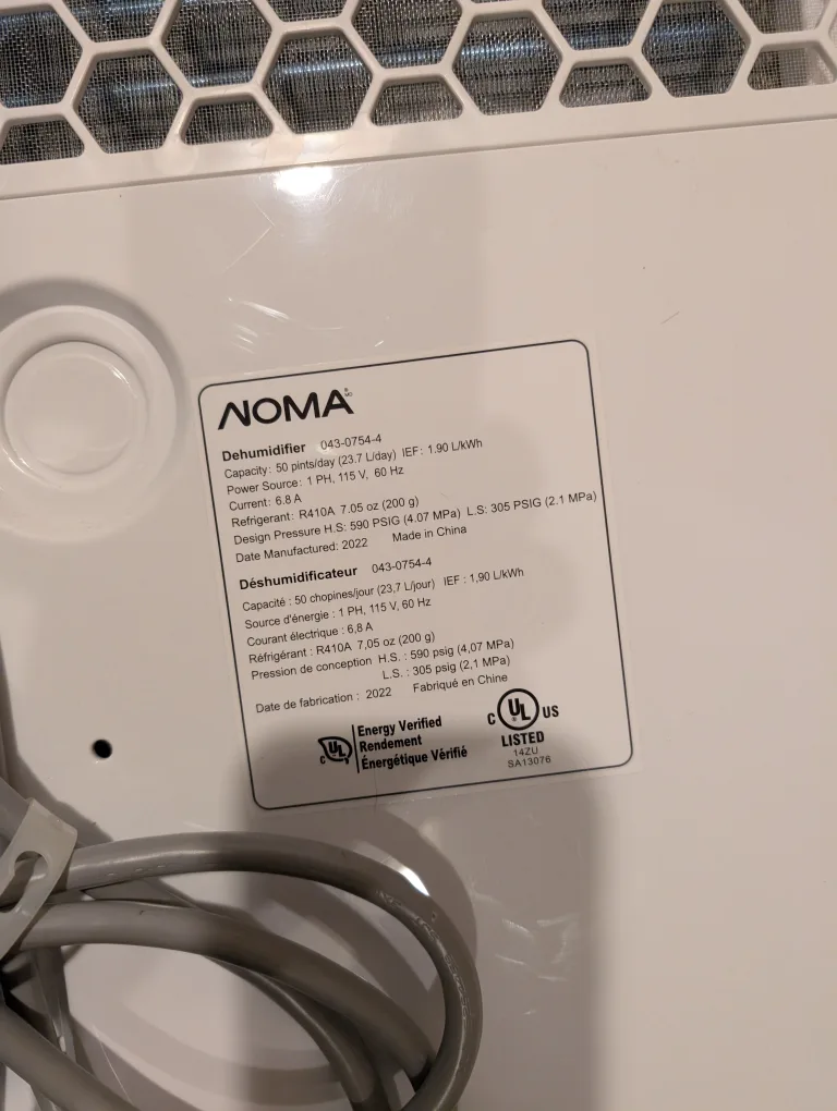 NOMA Dehumidifier model 043-0754-4 image indicator(7)