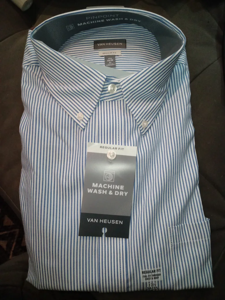 Van Heusen Blue Striped Dress Shirt - 17 1/2 34/35 - XL thumbnail