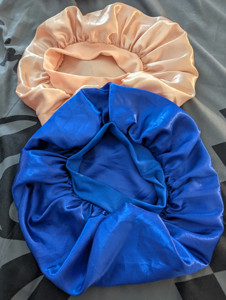 Satin Sleep Bonnets - Blue & Beige thumbnail