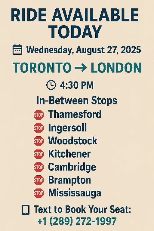 Ride Available: Toronto to London - Aug 27, 2025 thumbnail