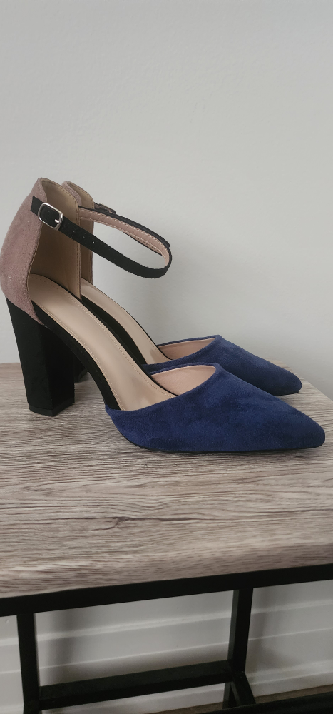 Navy & Beige Ankle Strap Heels