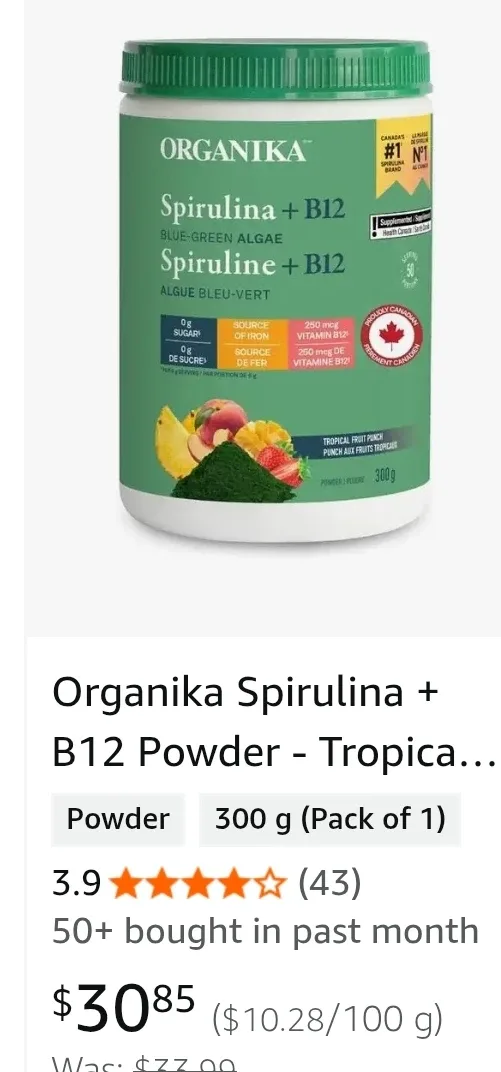 Organika Spirulina + B12 Powder - Tropical Punch, 300g thumbnail
