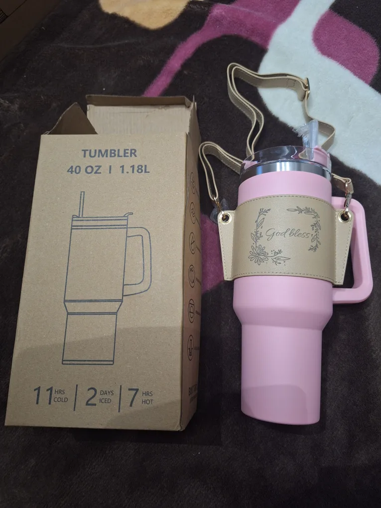 NEW Pink 40oz Tumbler with "God bless" Strap 🧊 thumbnail