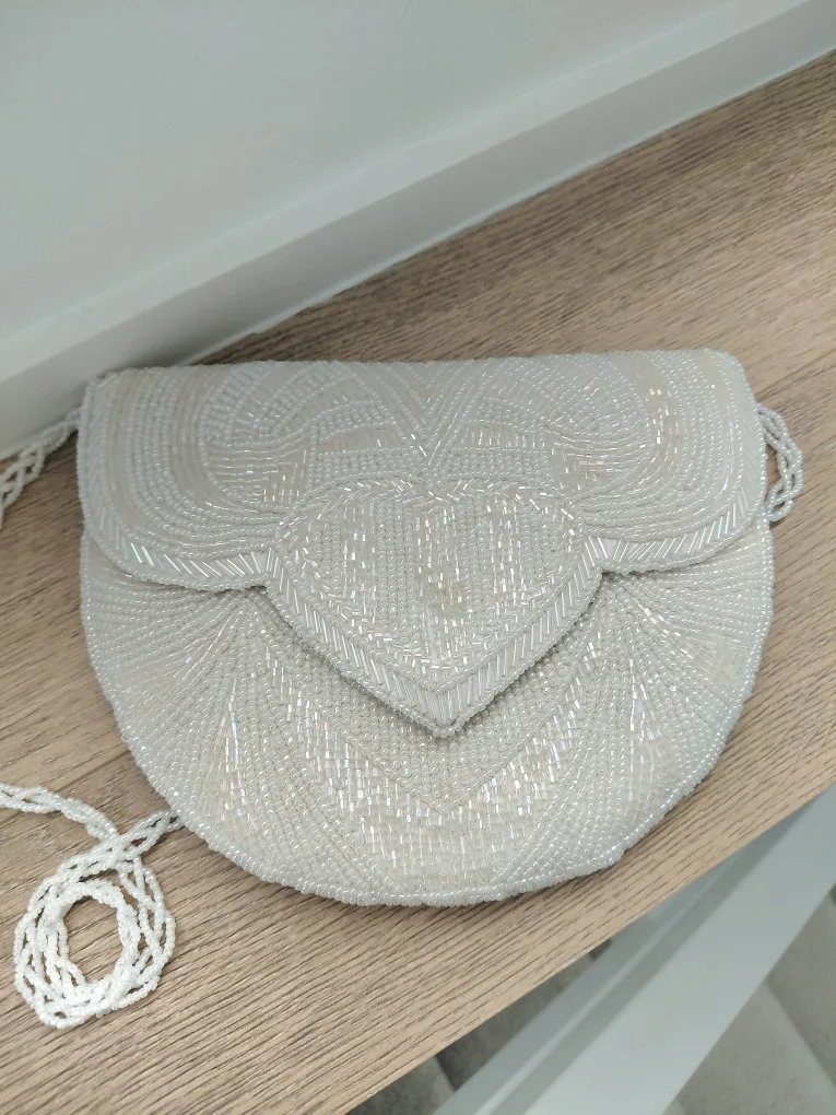 Vintage White Beaded Evening Bag/Clutch with Strap