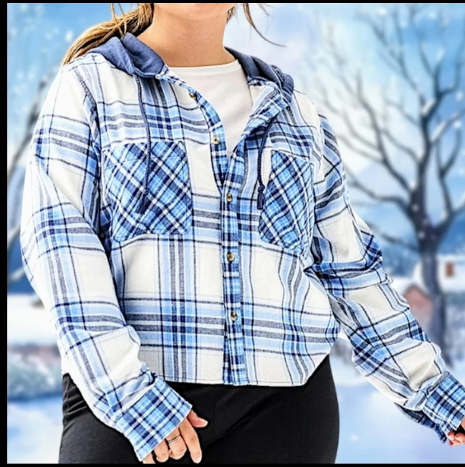 🧡 NWT 1X Cropped Plaid Button Up Hoodie w Pockets & High Low Hem image indicator(3)