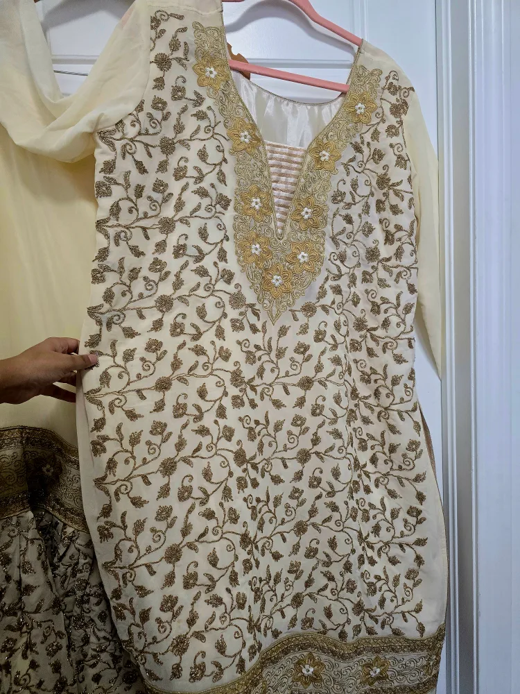 PLUS SIZE AVAILABLE  ivory & Gold Embroidered Salwar Kameez thumbnail