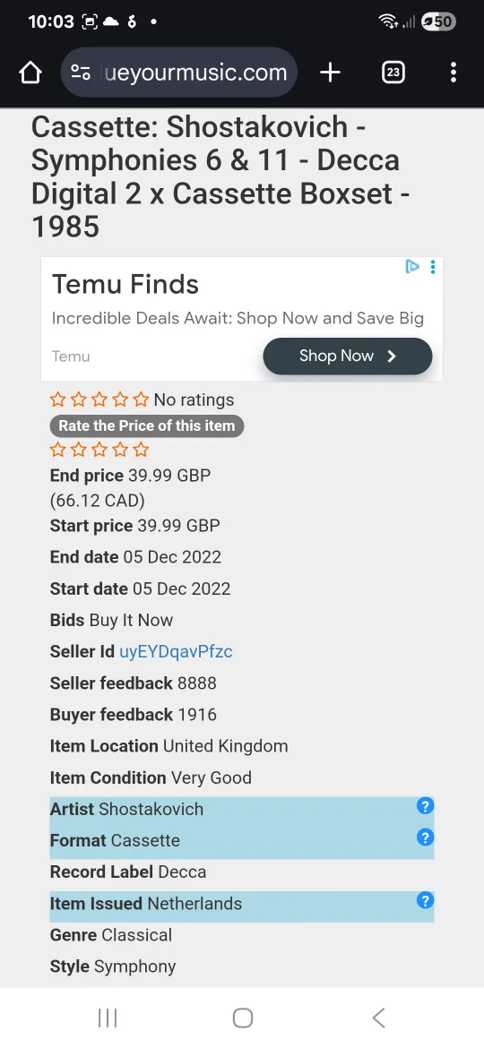 Shostakovich Symphonies 6 & 11 Cassette Tapes Set image indicator(8)