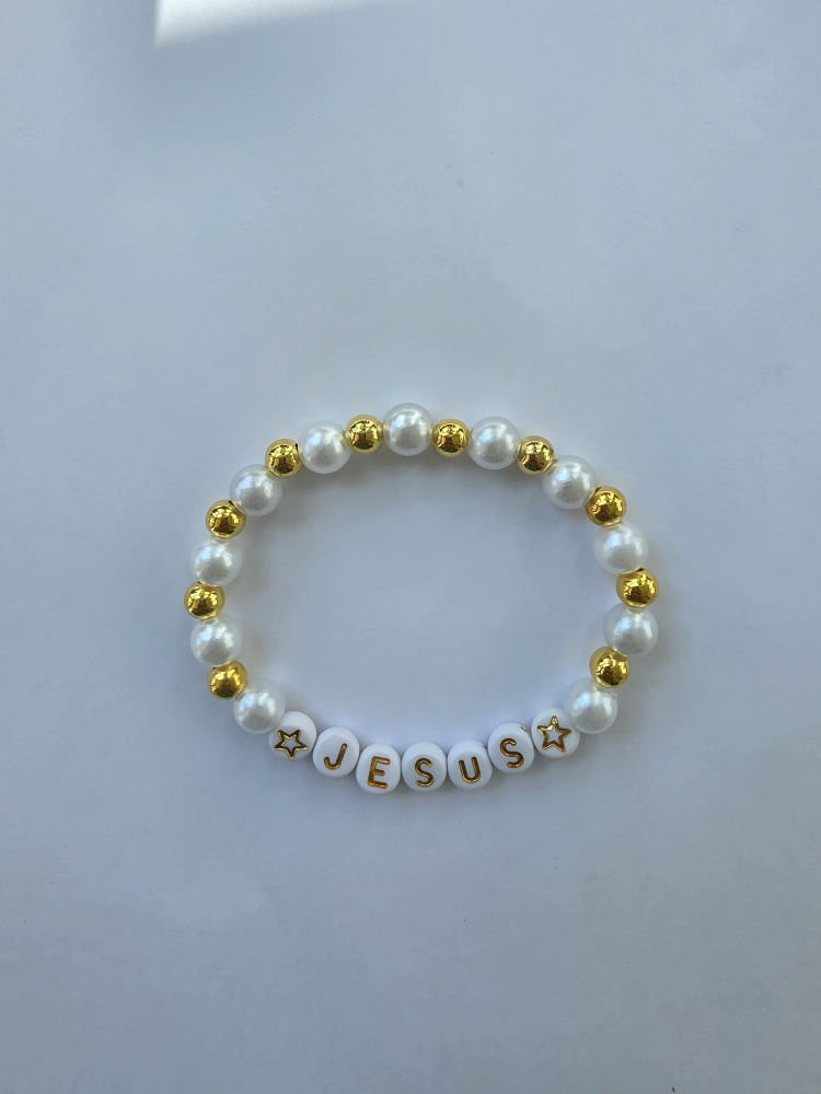 Pearl & Gold beads 'JESUS' Bracelet (Stretchable) - photo 3