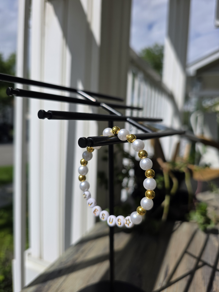 Pearl & Gold beads 'JESUS' Bracelet (Stretchable) - photo 4