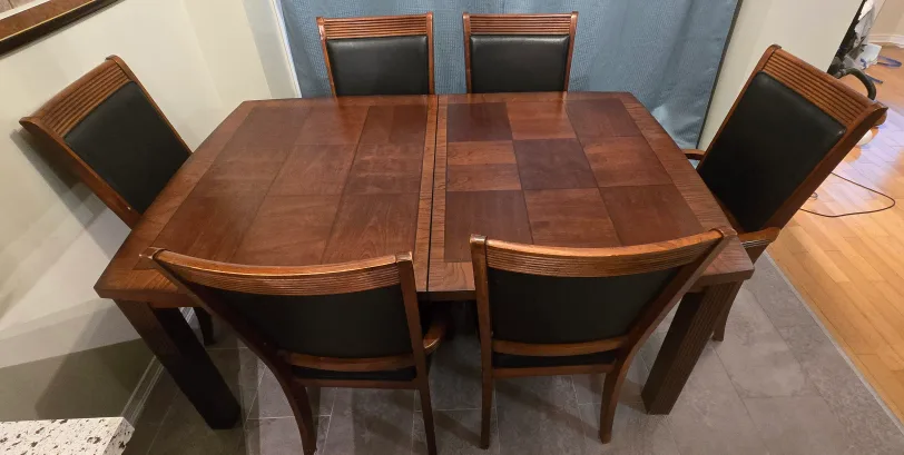 Dining Table with 6 Chairs - Wood & Black Leather thumbnail
