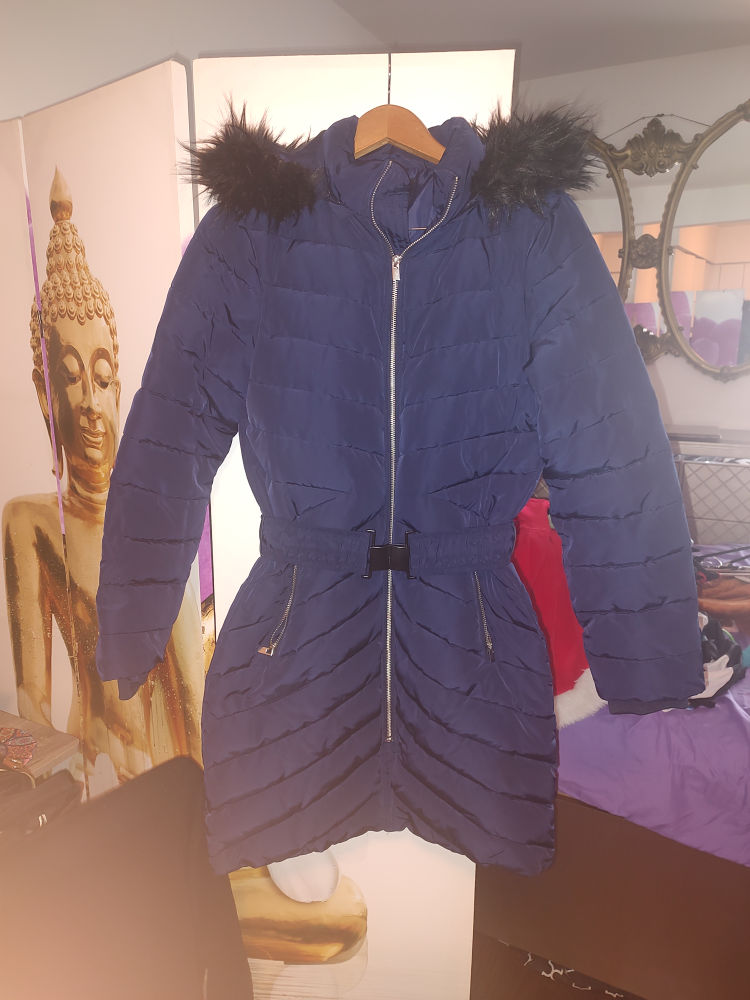 Navy Blue Puffer Coat with Faux Fur Hood