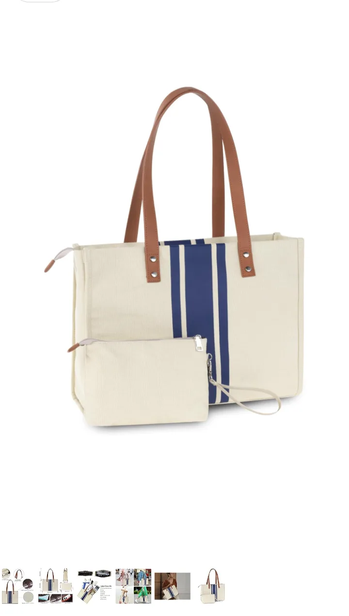Striped Tote Bag with Pouch - Cream & Blue thumbnail
