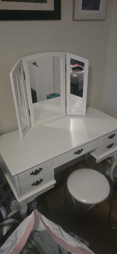 White Vanity Desk with Tri-Fold Mirror & Stool