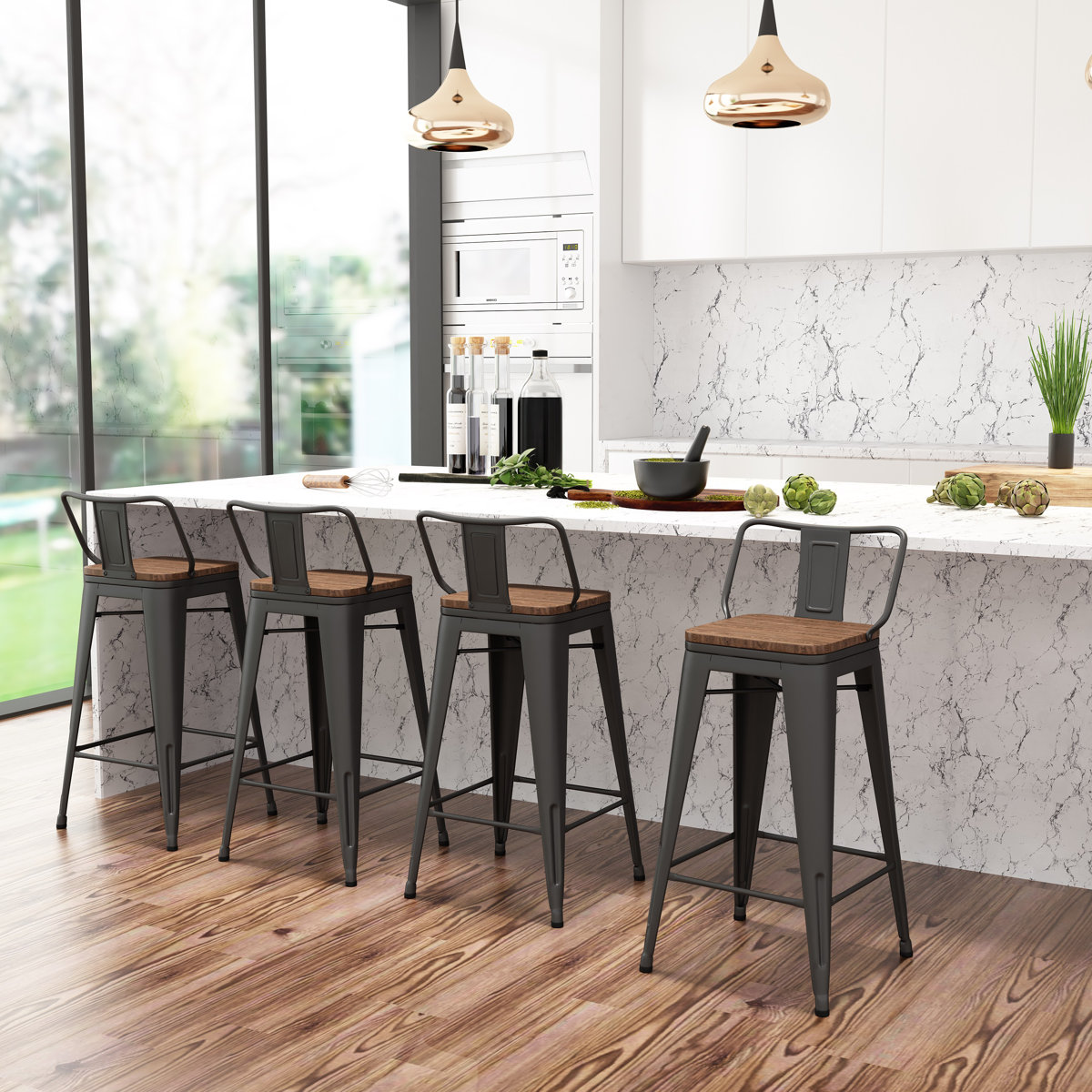 Set of 4 Metal Bar Stools with Wood Seat