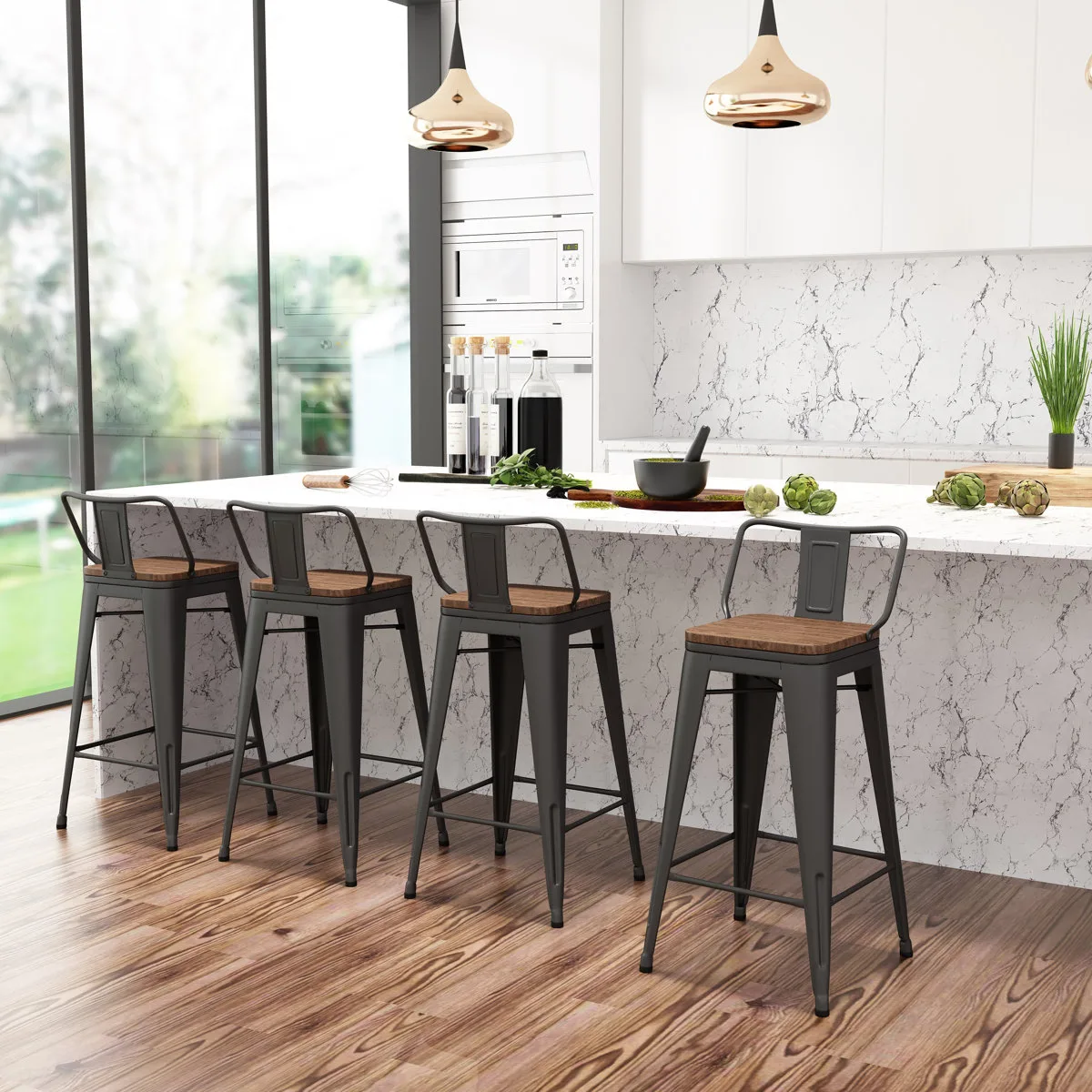 Set of 4 Metal Bar Stools with Wood Seat thumbnail