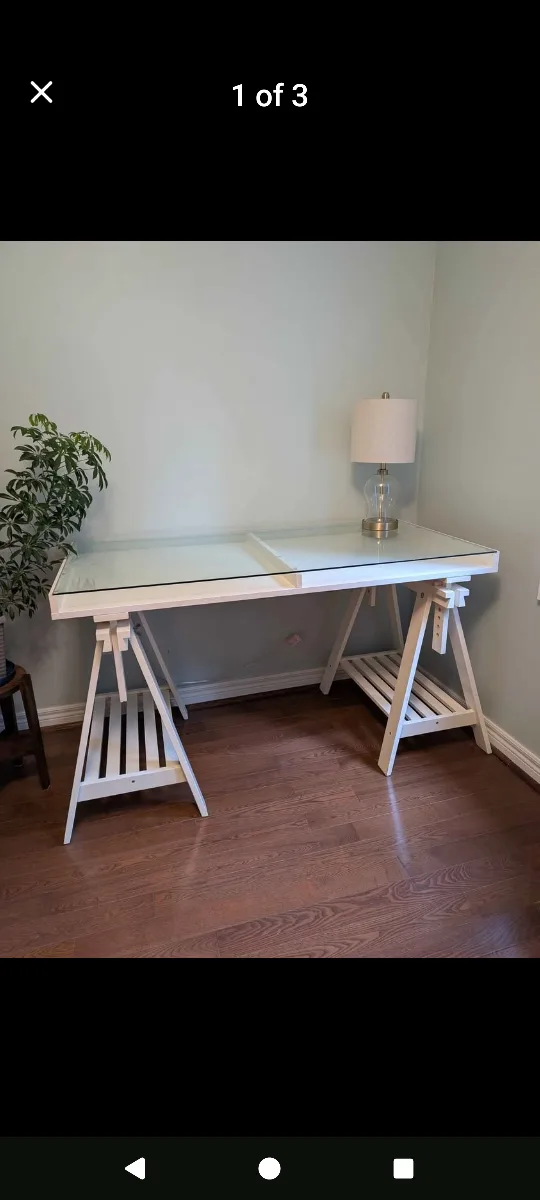 White trestle desk with glass top thumbnail