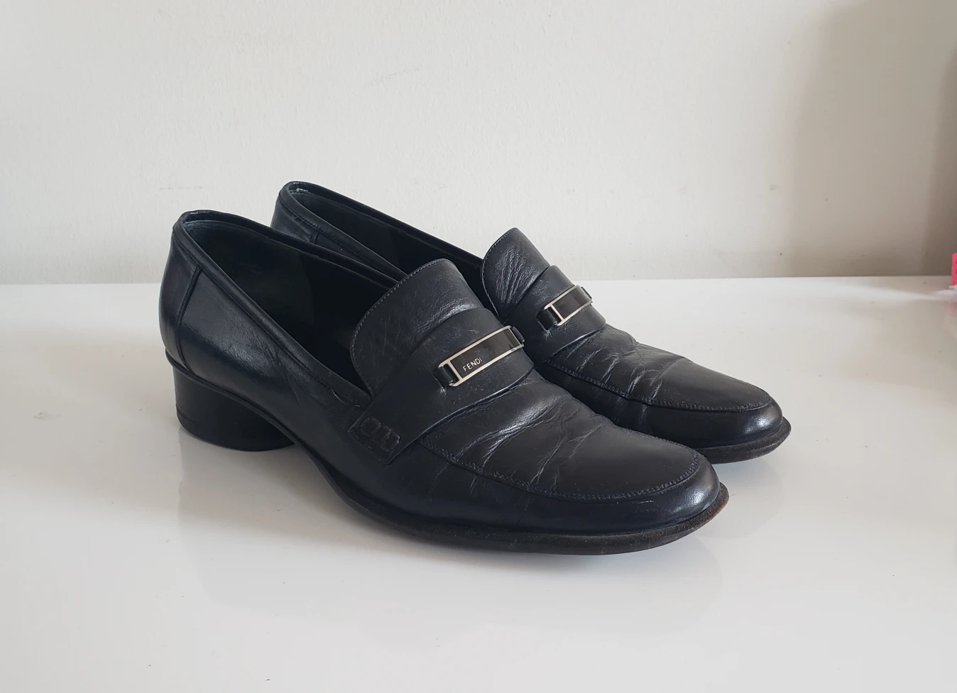 Fendi Loafers Navy Blue Leather - Vintage 90s Academia