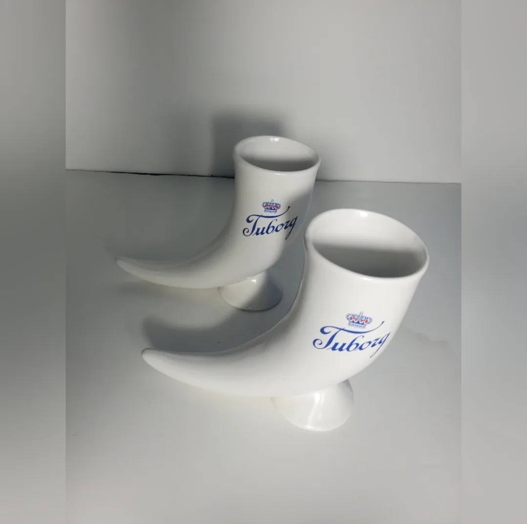 2 Vintage Tuborg Danish Mug White Beer Ceramic Drinking Horn image indicator(8)