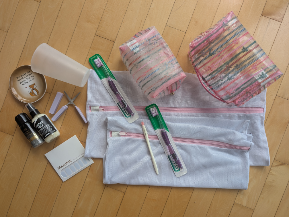 Lot of toiletries - dry shampoo, toothbrushes, laundry bags etc.