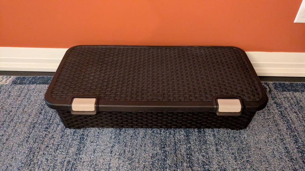 2 Storage Boxes Long-Curver Resin Wicker w/wheels and Clear Box