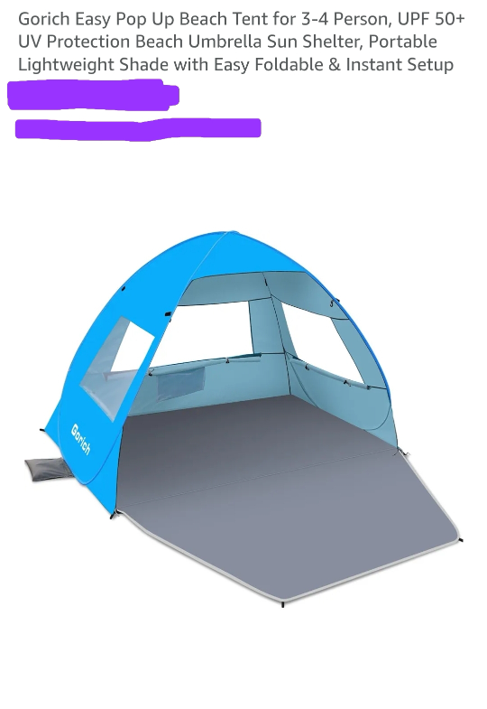 New Gorich Easy Pop Up Beach Tent for 3-4 Person