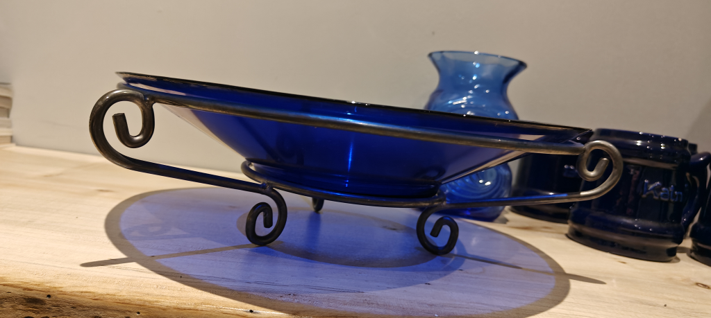 Blue Glass Serving Dish with Metal Stand - photo 2