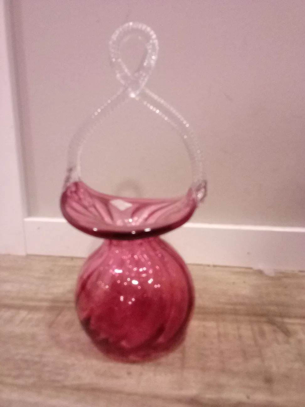 Pink Heritage Cranberry Glass Basket Vase thumbnail