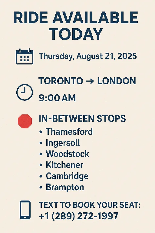 Ride Available: Toronto to London - August 21, 2025 thumbnail