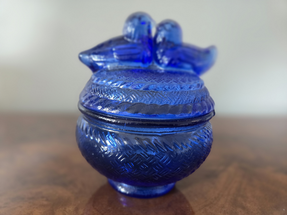 Vintage Glass Cobalt dish with kissing birds