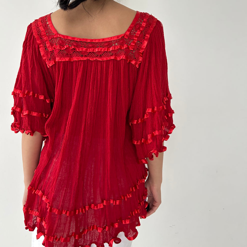 Red Ruffle Peasant/Babydoll Blouse - photo 2