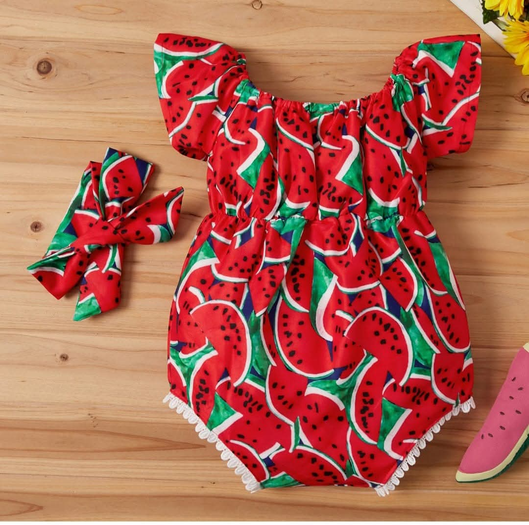 Watermelon Print Baby Romper with Headband