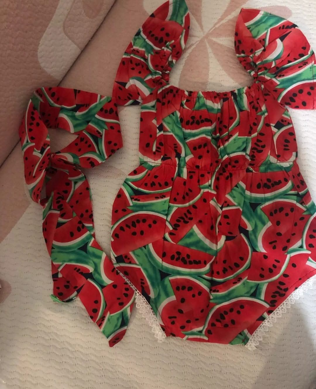 Watermelon Print Baby Romper with Headband - photo 2