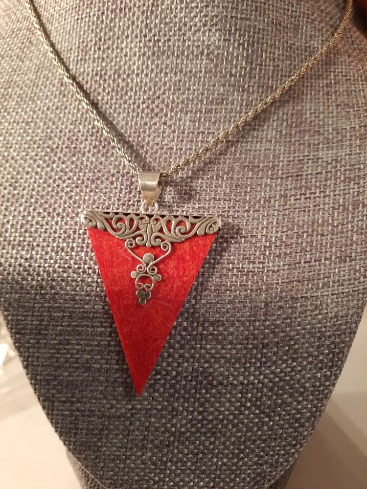 925 silver frame on red coral pendant with chain thumbnail