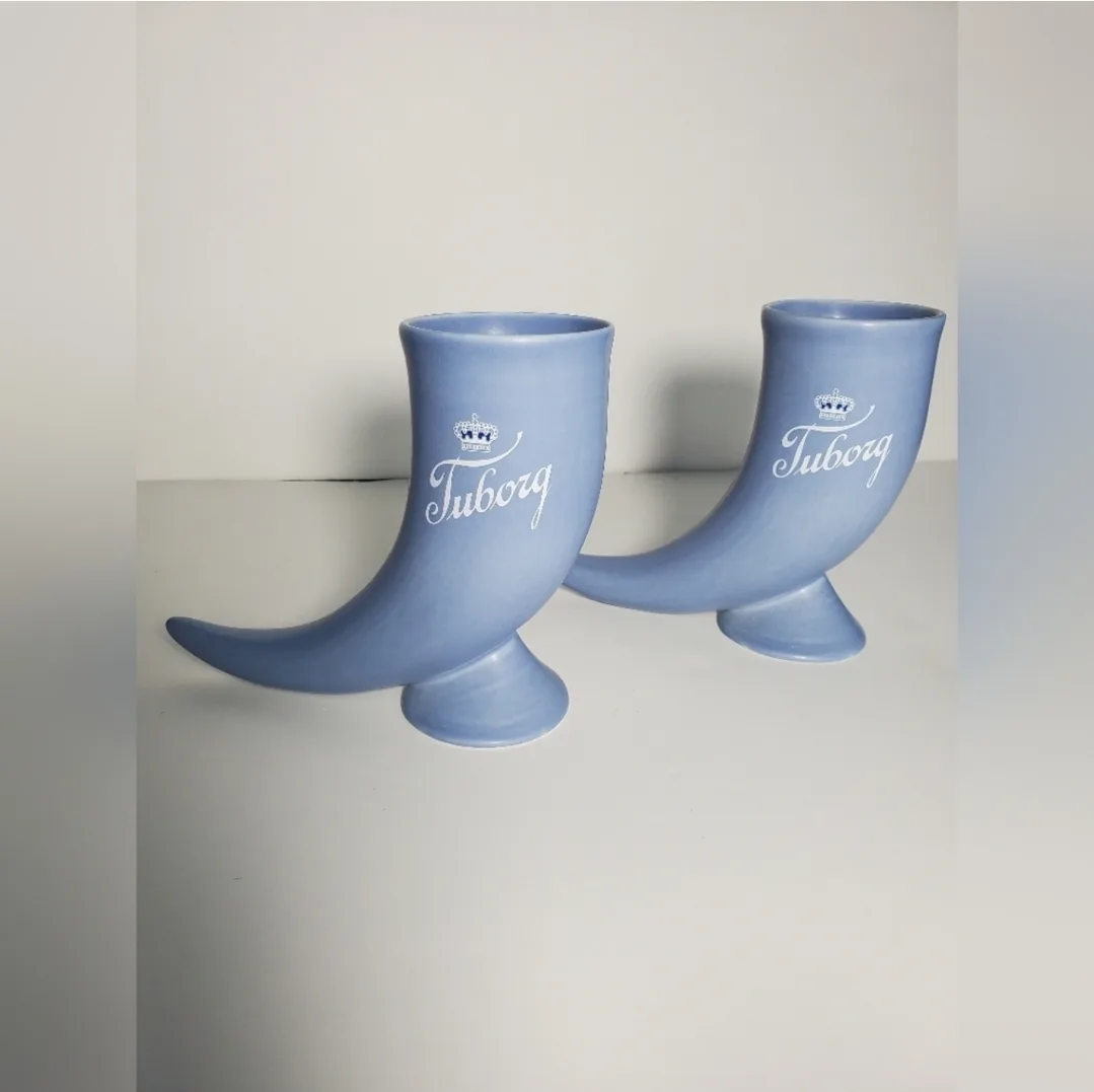 2 Vintage Tuborg Danish Mug Blue Beer Ceramic Drinking Horn image indicator(3)