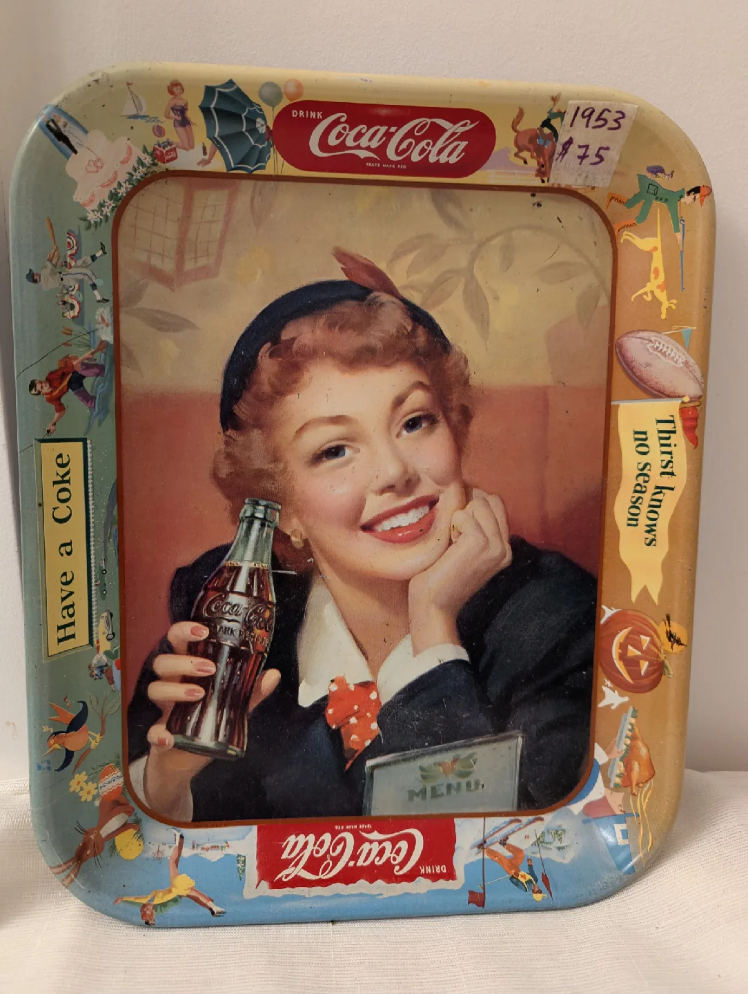 Vintage 1953 Coca-Cola Menu Girl Serving Tray image indicator(2)