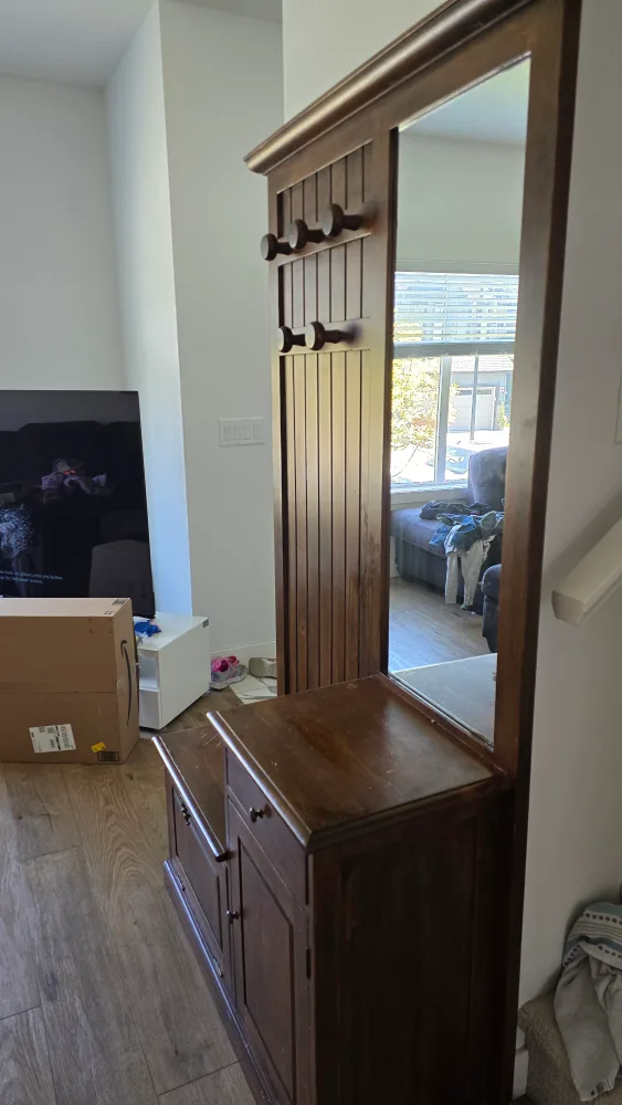 Wooden Entryway Hall Tree with Mirror image indicator(4)