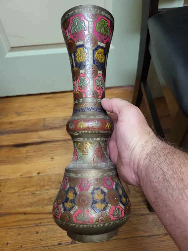 Vintage Brass Vase with Floral Design thumbnail