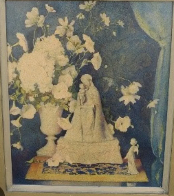 Vintage Framed Floral Print virgin,child& angel image indicator(2)