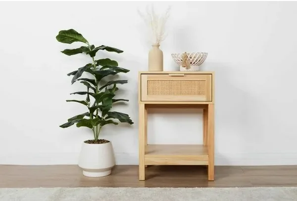 Wooden Nightstand with Rattan Drawer thumbnail