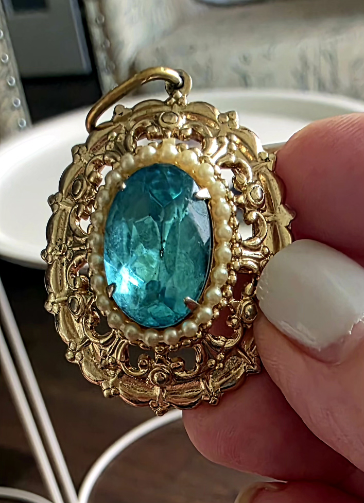 Vintage Coro Pendant - Gold Tone, Blue Stone